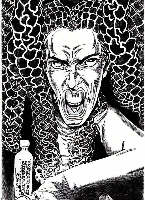 Image similar to portrait of a snake oil salesman offering you a bottle of serum formula, art by Kentaro Miura, it idn't greasy