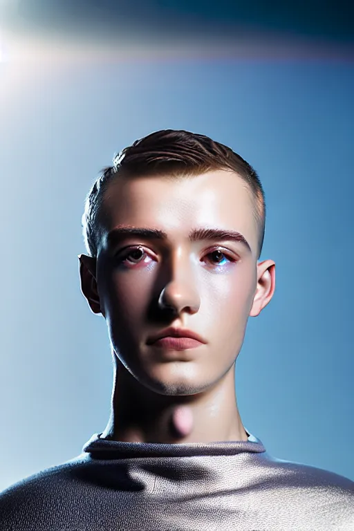 Image similar to un ultra high definition studio quality photographic art portrait of a young man standing on the rooftop of a british apartment building wearing soft padded silver pearlescent clothing. three point light. extremely detailed. golden ratio, ray tracing, volumetric light, shallow depth of field. set dressed.