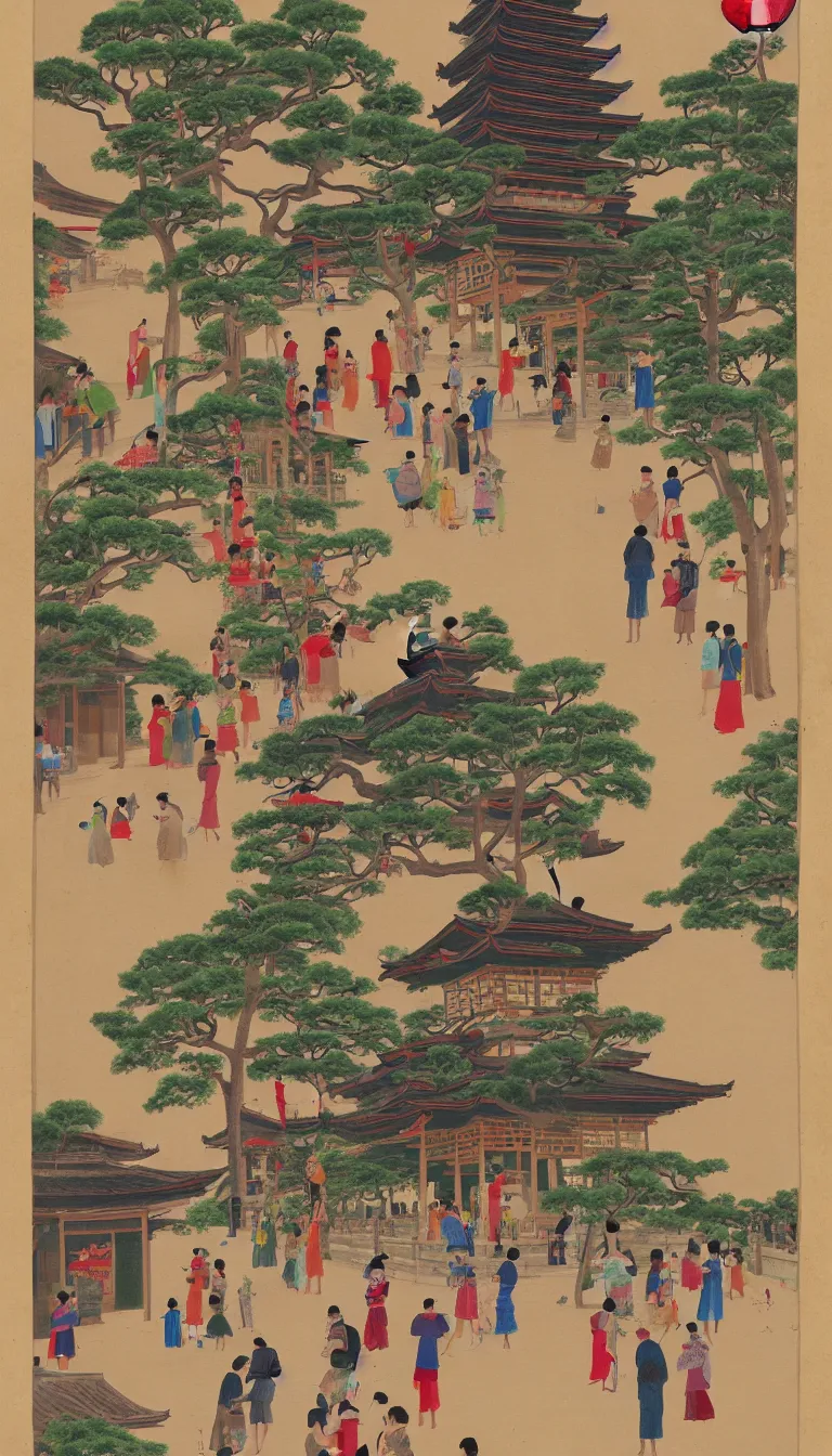 Prompt: painting of a pagoda, people drinking tea and paper lanterns