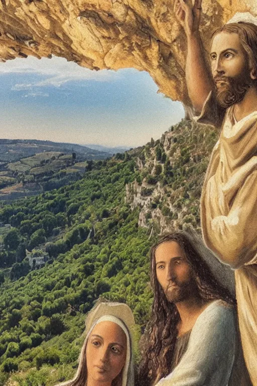 Prompt: selfie from a mobile phone of jesus and mary magdalene standing on a cliff looking over a beautiful landscape in france, languedoc, award winning photo, very detailed, very realistic