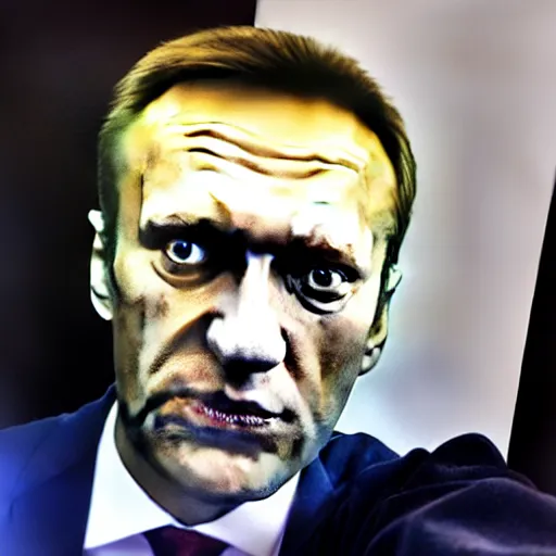 Image similar to alexey navalny takes a selfie in front of dead rotten face of putin in coffin, insane details, clear face and eyes, textured, 8 k, professional photography