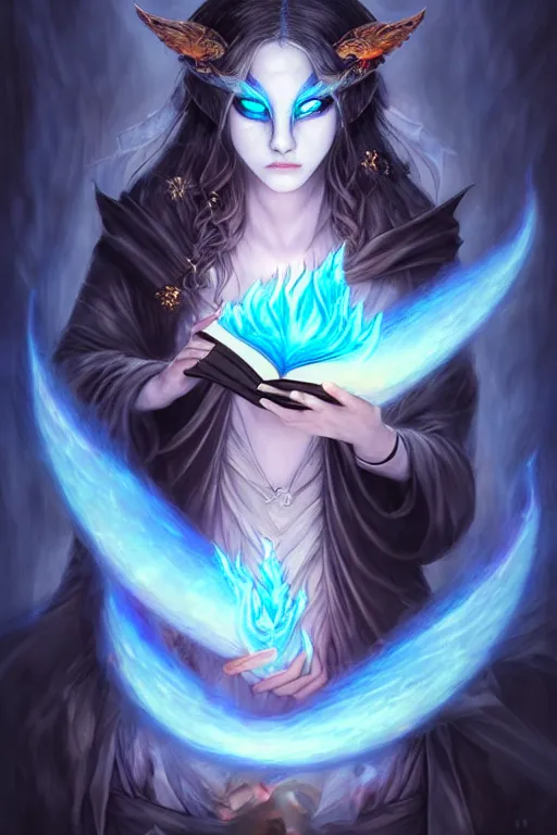 Image similar to gorgeous!!! hyper - realstic sorceress with a kitsune mask, holding a tattered magical book, casting a flame spell, blue flames | drawn by wlop, drawn by jeehyung lee, drawn by artgerm | fantasy, dark, intricate, highly detailed, digital painting, character design, concept art, illustration, artstation