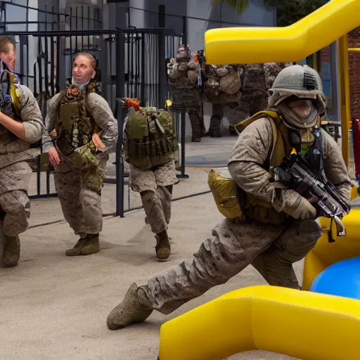 Prompt: fire team of marines raiding a mcdonald's playplace