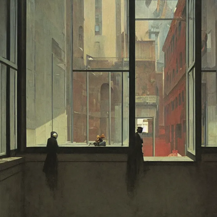 Image similar to people inside flooded museum looking through the window Edward Hopper and James Gilleard, Zdzislaw Beksinski, highly detailed