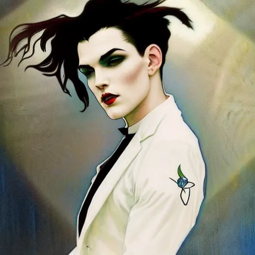 Image similar to beautiful portrait of androgynous ruby rose as desire from sandman in a white tuxedo!!!, rockabilly style,, by alphonse mucha, by jeremy mann, by peter lindbergh, cedric peyravernay, by frank moth, white suit and black tie, soft lightning, high detailed, 8 k