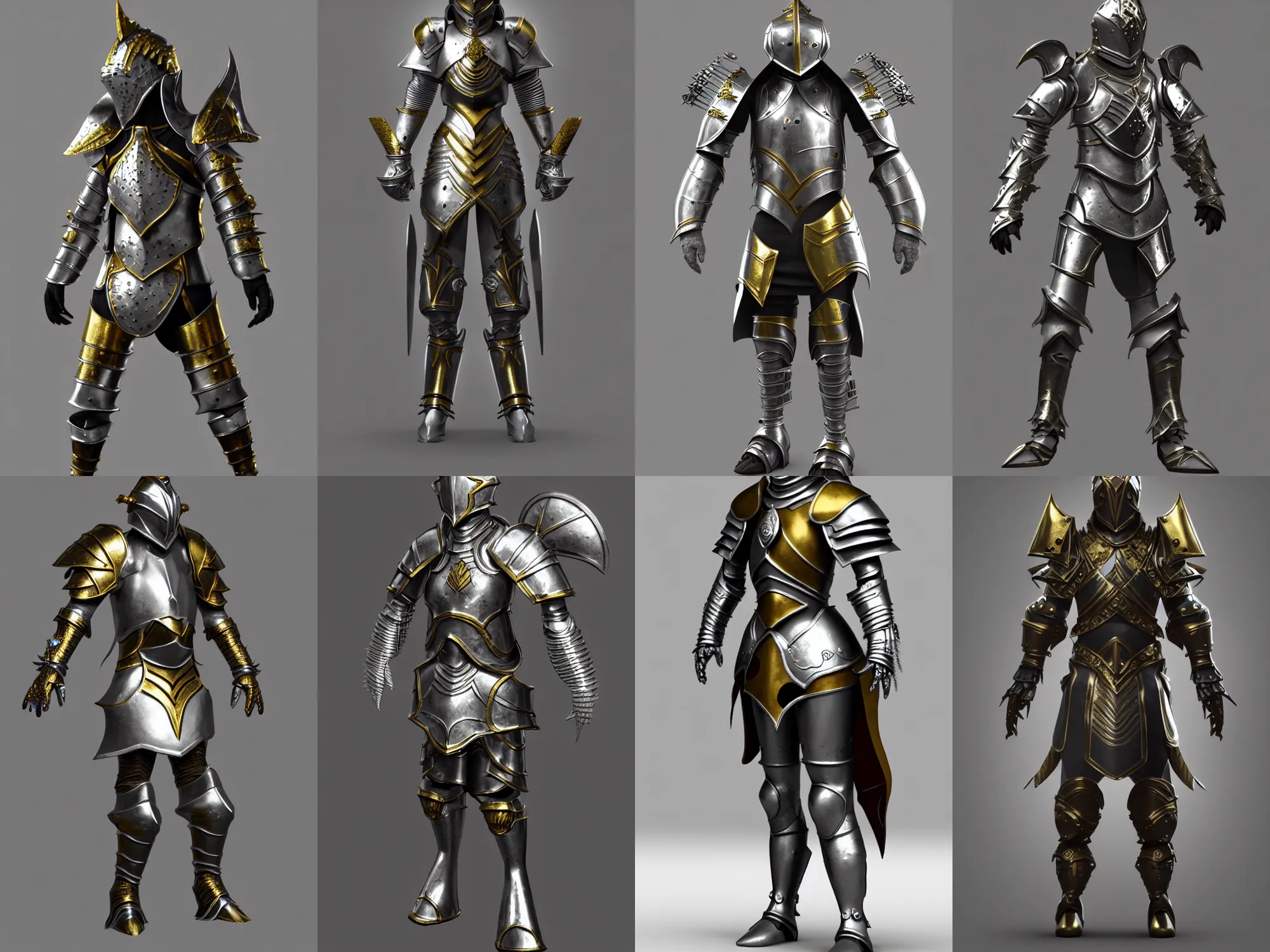 Prompt: render of awesome unusual fantasy armor, silver with gold trim, huge stylized pauldrons, medieval fantasy, extremely clean, exaggerated proportions, trending on Artstation, HD Octane render, 8k