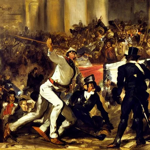 Prompt: Eugène Delacroix painting of donald trump speaking to crowd