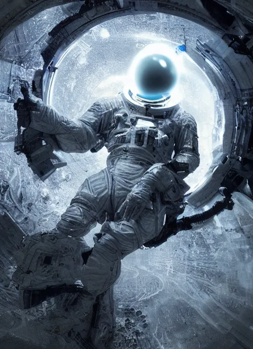 Prompt: infrared concept art by craig mullins astronaut holds a black hole in his hands in futuristic dark and empty spaceship underwater. complex and hyperdetailed technical suit. mandelbulb fractal. reflection and dispersion materials. rays and dispersion of light. volumetric light. 5 0 mm, f / 3 2. noise film photo. flash photography. octane render. interstellar movie art