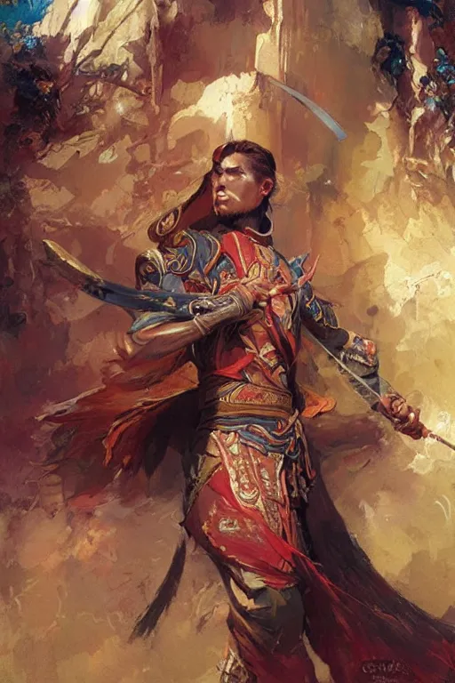 Prompt: attractive man, character design, wuxia, colorful, painting by gaston bussiere, craig mullins, greg rutkowski, j. c. leyendecker
