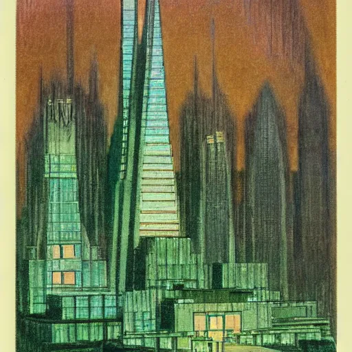 Image similar to frank lloyd wright's design for the emerald city, color pastel drawings by hugh ferriss