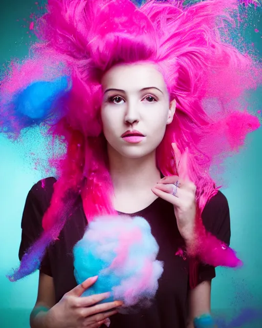 Image similar to a dramatic backlight lighting photo of a beautiful young woman with cotton candy hair. paint splashes. with a little bit of cyan and pink
