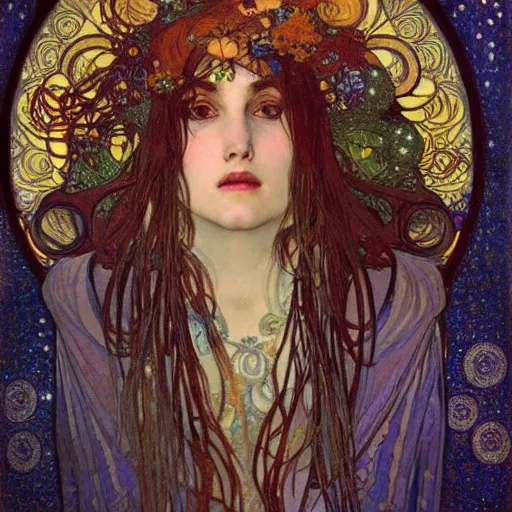 Image similar to salome among the stars beautiful detailed romantic art nouveau face portrait by alphonse mucha and gustav klimt, hauntingly beautiful refined moody celestial dreamscape