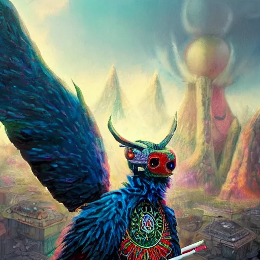 Image similar to 8K headshot Portrait of centered chest up of a psychedelic godlike mothman with giant mandala wings smoking a hand-rolled cigarette smoking heavily , magic mushroom village in background , post-processing , award winning. superb resolution. in the art style of Tony Takezaki and Greg Rutkowski . Detailed Mushroom city in background. Hyper realistic anime. Perfect art. Dalle2