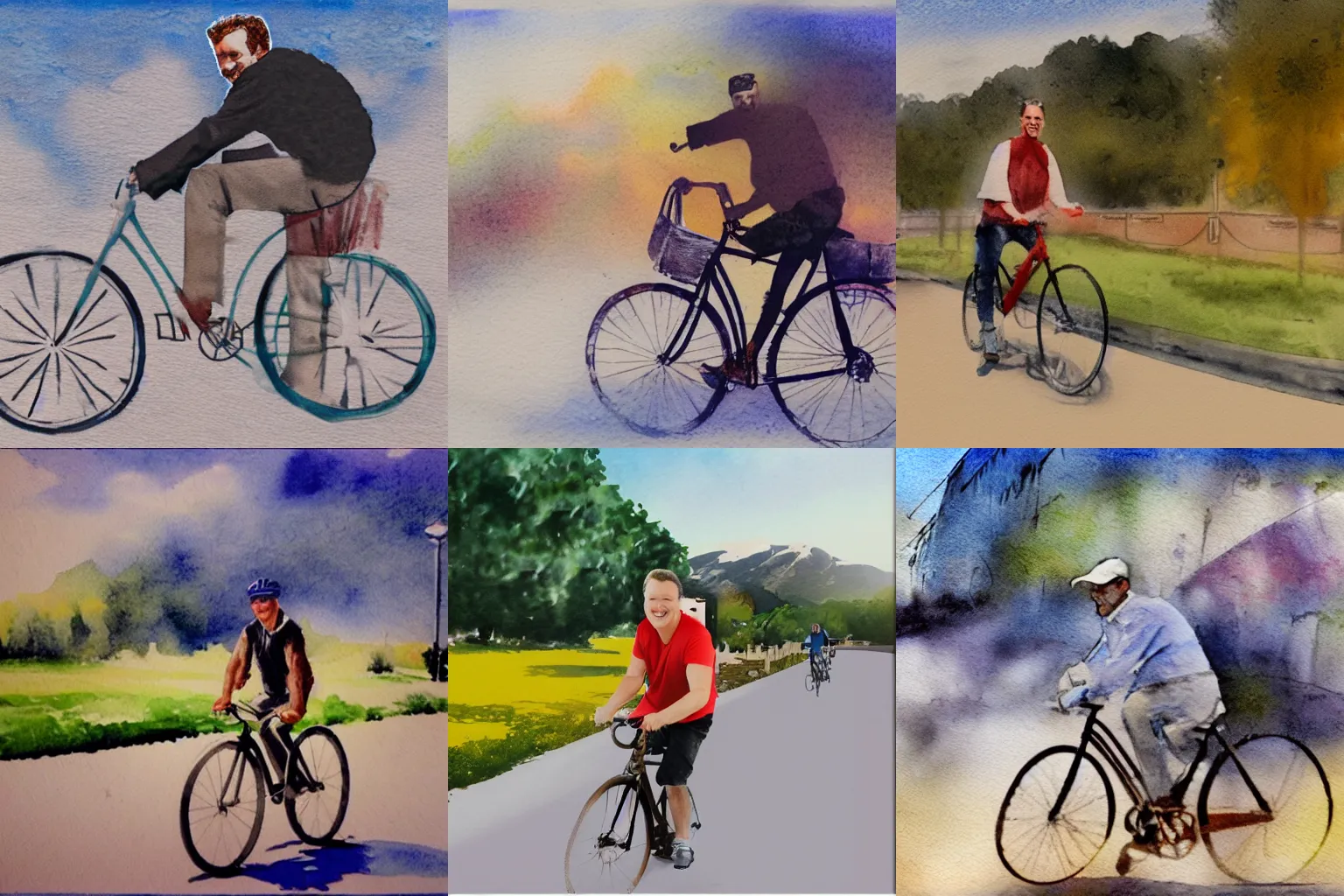 Prompt: A man riding a bicycle action shot, subject is smiling, matte painting, watercolor