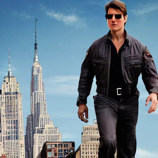 Prompt: a giant tom cruise carries a military jet in his hands while walking through manhatten, 4k, movie poster