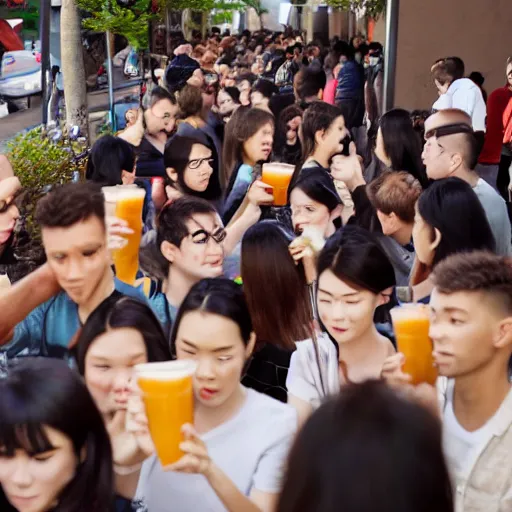 Image similar to photo of a crowd of people drinking boba milk tea staring at the camera, hyperrealistic, 4 k