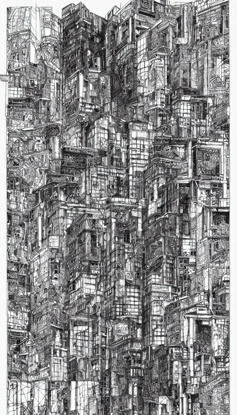 Image similar to a black and white drawing of a building, a detailed mixed media collage by hiroki tsukuda and eduardo paolozzi, intricate linework, sketchbook drawing, street art, polycount, deconstructivism, matte drawing, academic art, constructivism