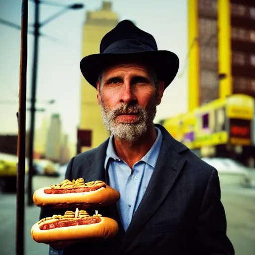 Image similar to closeup portrait of a snake oil salesman selling hotdogs in a smoky new york back street, by Annie Leibovitz and Steve McCurry, natural light, detailed face, CANON Eos C300, ƒ1.8, 35mm, 8K, medium-format print