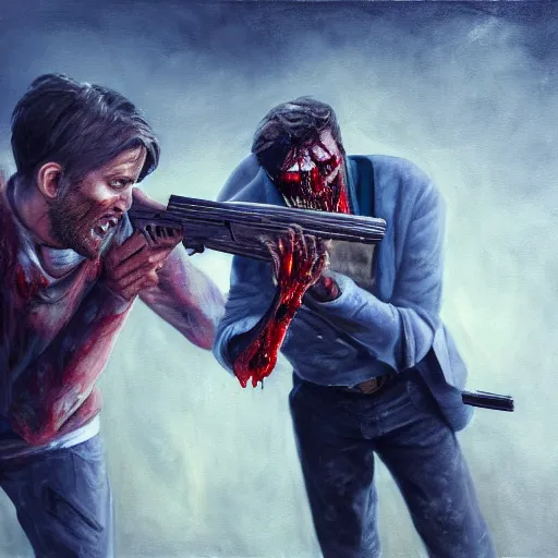 Image similar to Pewdiepie killing a zombie with a gun, dynamic lighting, oil painting, 8k, detailed, cinematic, futuristic