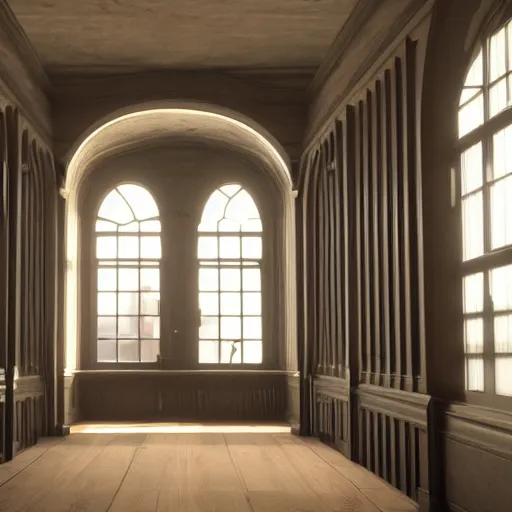 Image similar to inside a victorian hallway with bookcases on the walls, sunlight shines through the windows and produces rays of light in the dust ray traced unreal 5, ultra details