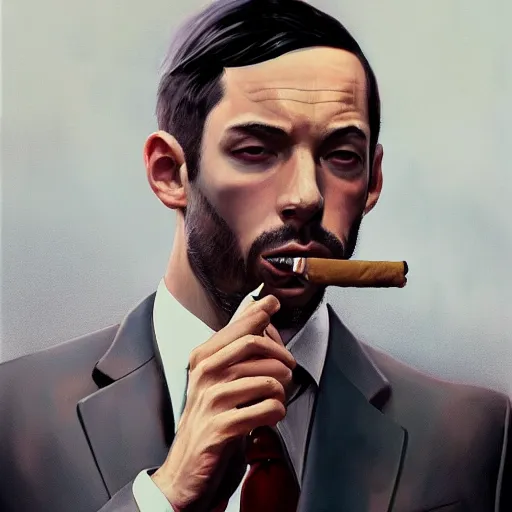 Image similar to andrew tate wearing a suit smoking a cigar on his mouth, dramatic lighting, cinematic, establishing shot, extremly high detail, photorealistic, cinematic lighting, artstation, style by James Gurney