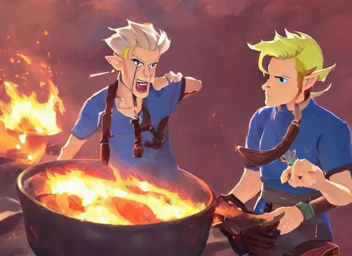 Prompt: gordon ramsey yelling at link from zelda for cooking burnt food in the style of breath of the wild, artstation, krenz cushart, makoto shinkai