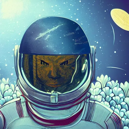 Prompt: artstation realistic illustration astronaut's helmet with field of flowers in space