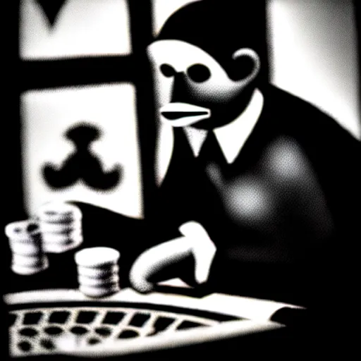 Image similar to monkey in a suit smoking a cigar and playing poker in a casino, 5 0 mm, black and white photo