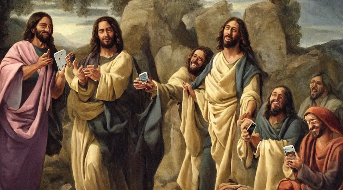 Image similar to portrait of jesus laughin because see a meme in him cellphone, no letters