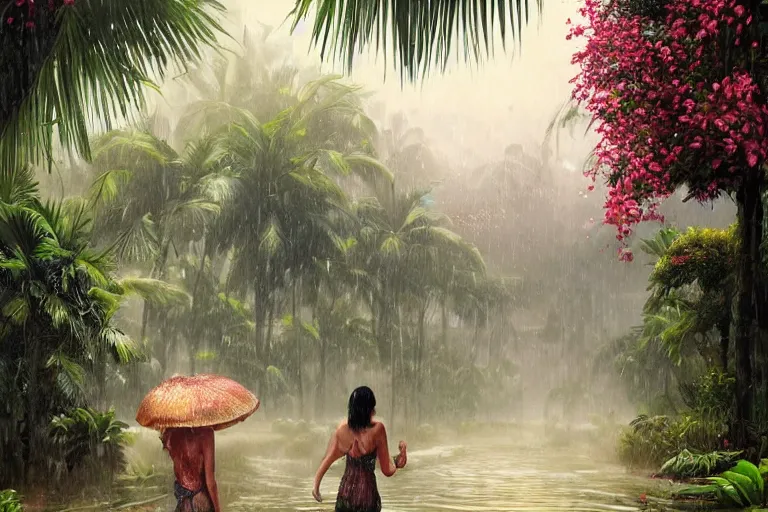 Image similar to ultra realistic illustration, photo, monsoon on tropical island, attractive oriental woman, back, ornate, beautiful, atmosphere, vibe, mist, coconuts, rain, wet, pristine, puddles, melting, dripping, creek, bridge, forest, roses, flowers, by stanley artgerm lau, thomas kindkade, art gta 5 cover