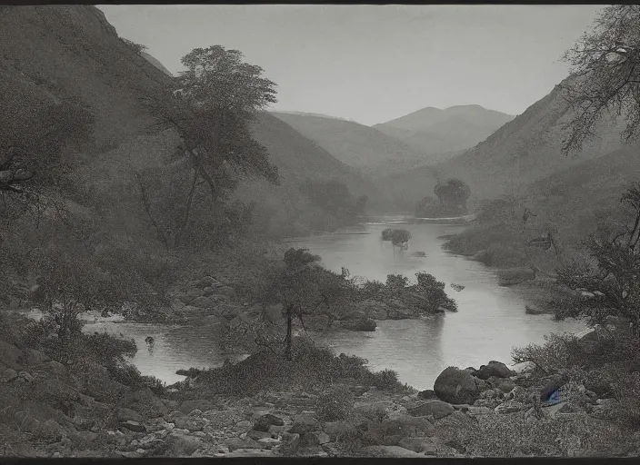 Image similar to Overlook of a river and chaparrals with sparse catci, albumen silver print by Timothy H. O'Sullivan.