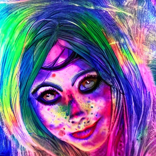 Prompt: ethereal woman very little sleep bloodshot eyes peering soullessly smiling sheepishly psychedelic colors photorealistic