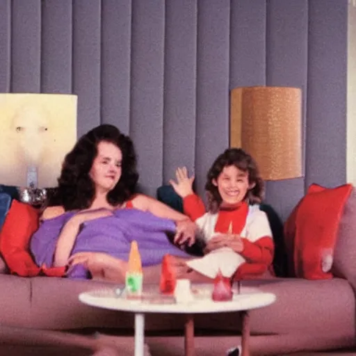 Prompt: a family is watching tv in a 1 9 8 0 s lounge room a massive blob of jelly is consuming them