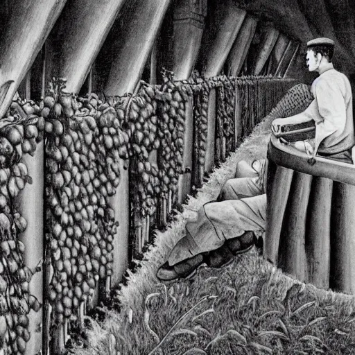 Image similar to Hyperrealism traditional austrian vineyard with workers, painting by MC Escher