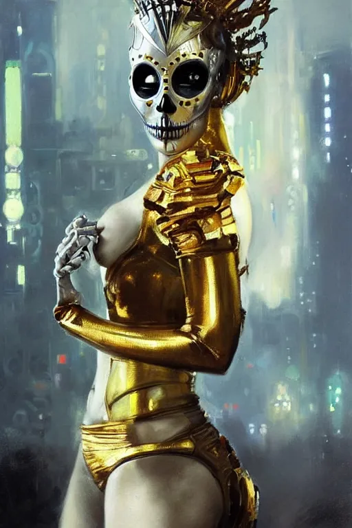 Image similar to beautiful expressive oil painting portrait of futuristic god queen, silver exoskeleton, with a gold sugar skull mask, cyberpunk, alien semiotic symbols, art by anders zorn, wonderful masterpiece by greg rutkowski, beautiful cinematic light, american romanticism by greg manchess, jessica rossier