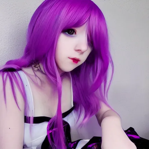 Prompt: aesthetic, e - girl, anime cosplay, cute, adorable, 4 k, hyper realistic, purple - pink hair, warmth, night - time, dark colors and hightlights, mood