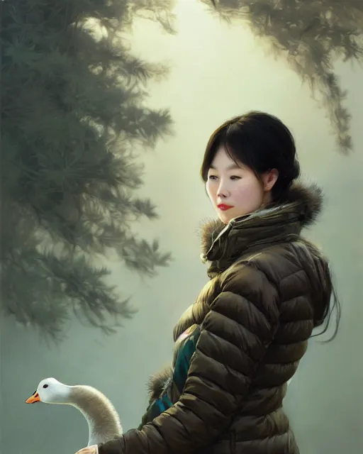 Image similar to a beautiful chinese woman in down jacket ， a goose ， winer ， wenjun lin intricate, elegant, highly detailed, digital painting, artstation, concept art, matte, sharp focus, illustration, hearthstone, art by artgerm and greg rutkowski and alphonse mucha