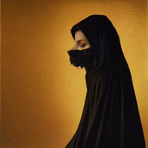 Image similar to a portrait of a young woman wearing a long dark cloak, hood and shadows covering face, holding golden chains, oil painting, matte painting, black background, Volumetric Golden dappled dynamic lighting, Highly Detailed, Cinematic Lighting, Unreal Engine, 8k, HD, by Beksinski