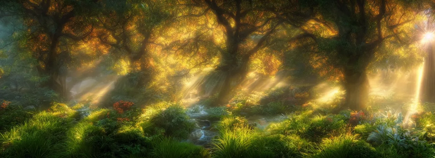 Prompt: photograph of enchanted garden, mist with rays of light by marc adamus, highly detailed, intricate detail, cinematic lighting