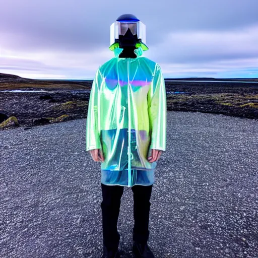 Image similar to an ultra high definition professional studio quality photograph of an artificially intelligent cyberpunk art influencer wearing a transparent iridescent pastel coloured face visor and matching raincoat on white coat hook in a sheer icelandic black rock environment. dramatic lighting. volumetric shadows. light rays