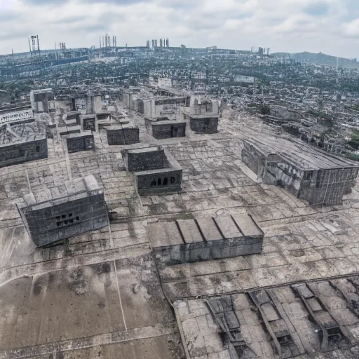 Image similar to brutalist city, prison city, totalitarian prison island, spotlights, military buildings, drones, high walls, dystopian city, prison complex, colorized 8 mm photo