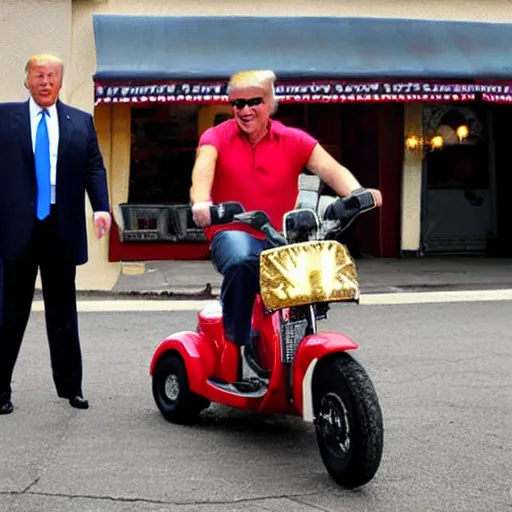 Prompt: a photograph of donald trump riding a tricycle @ tangofennec! dream a photograph of donald trump riding a tricycle