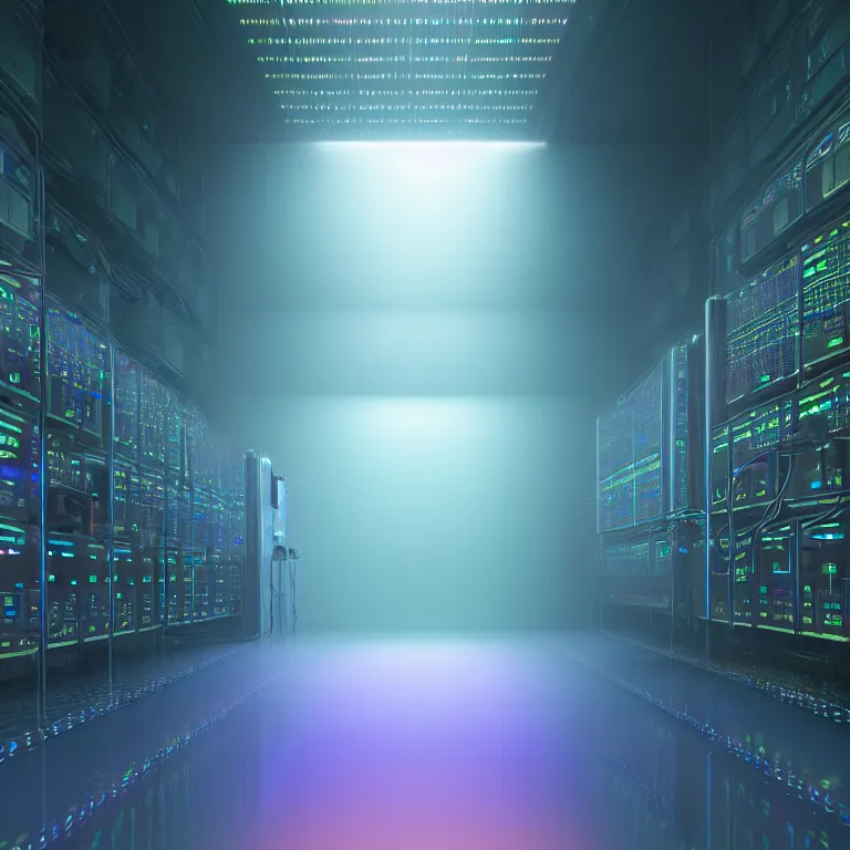 Image similar to an immaculate volumetric path tracing lighting render of a large rack of beautiful iridescent device at che center of a in a vast modern datacenter, fog, god rays, and nixie tubes by Zdzisław Beksiński and beeple, beautiful modern colors, ultradetailed, 4k ultra