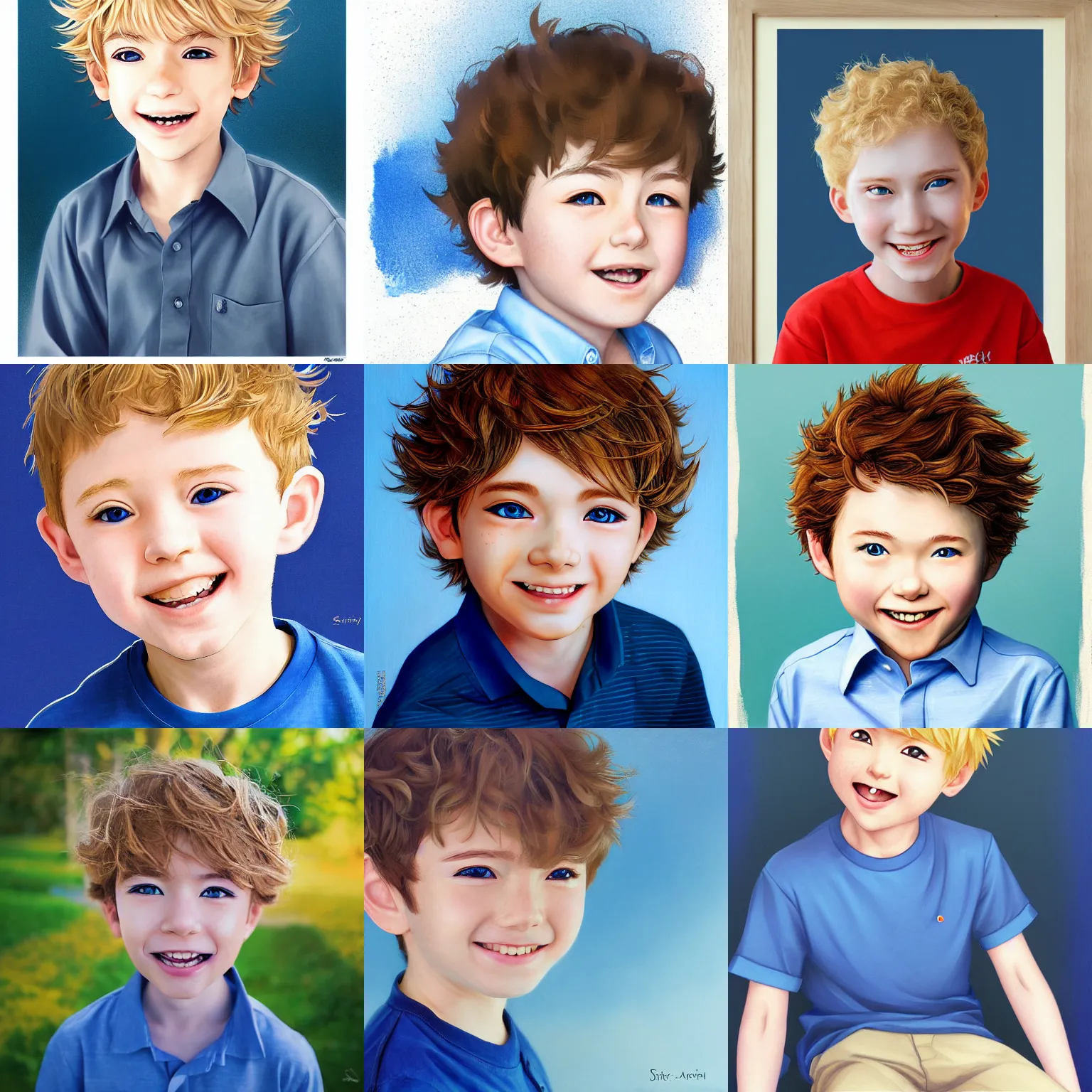 Prompt: A medium shot anime portrait of a smiling anime boy with short curly blonde hair and blue eyes, rosy cheeks, blue-eyed, wearing a shirt, very young child, four years old, medium shot portrait, his whole head fits in the frame, by Stanley Artgerm Lau, WLOP, Rossdraws, James Jean, Andrei Riabovitchev, Marc Simonetti, and Sakimi chan, trending on artstation