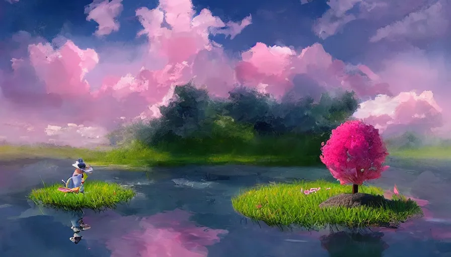 Prompt: a garden gnome sails across a pond in a bucket, dramatic pink clouds, blue sky, jessica rossier, art station