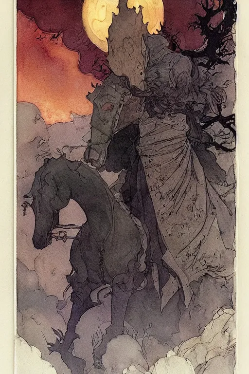 Image similar to a simple and atmospheric watercolour portrait of a the headless horseman on halloween, very muted colors, by rebecca guay, michael kaluta, charles vess and jean moebius giraud