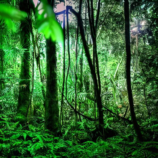 Prompt: a rainforest clearing at night softly lit by neon lights, dim lighting, leaves in foreground, HD, 8k, high resolution, photo,