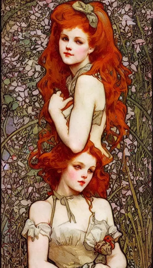 Prompt: beautiful redhead with a bow around her waist, ornate, mucha