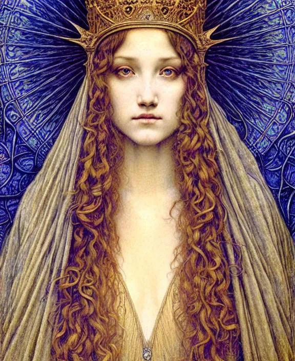 Image similar to detailed realistic beautiful young medieval queen face portrait by jean delville, gustave dore and marco mazzoni, art nouveau, symbolist, visionary, gothic, pre - raphaelite. horizontal symmetry