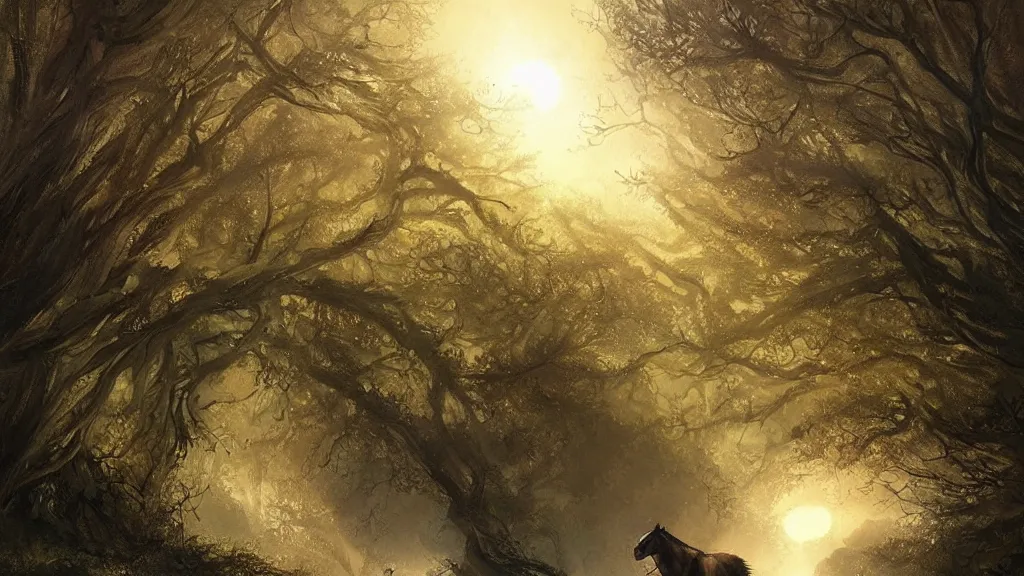 Prompt: over old trees wreathed with rotten vines fly evening crows, under a small bridge near a cottage a stream flows, on ancient road in the west wind a lean horse goes, sunset, by charlie bowater, by greg rutkowski